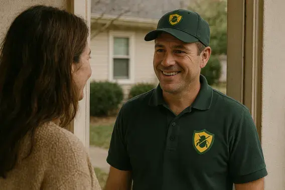 Pest control technician greeting a customer at their doorstep
